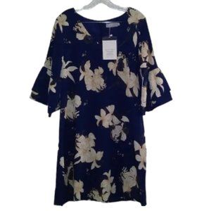 Belongsci Navy Blue Floral Dress, Size M Color Blue